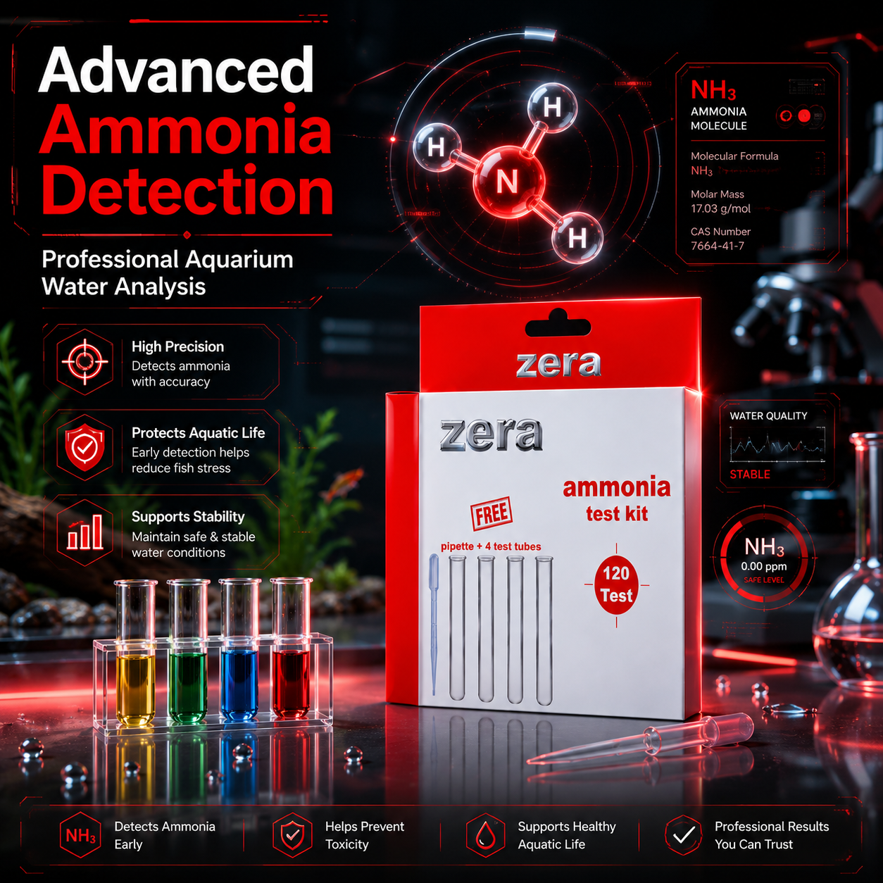 ZERA AMMONIA TEST KIT FOR AQUARIUM WATER TESTING – PROFESSIONAL AMMONIA MONITORING KIT | 120 TESTS | FAST, ACCURATE & RELIABLE RESULTS