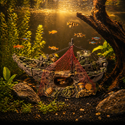 Aquarium Shipwreck Decoration with Net & Cave Design