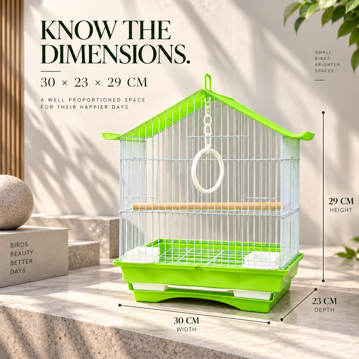 Green & White Premium Bird Cage – 30 × 23 × 29 CM