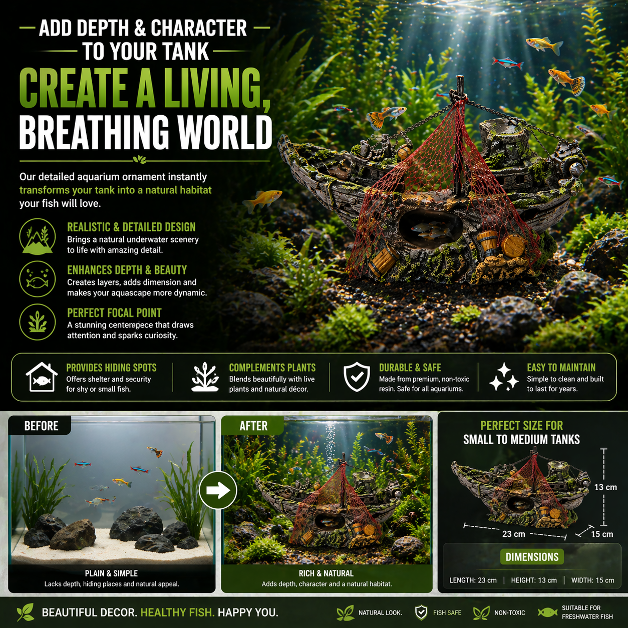 Aquarium Shipwreck Decoration with Net & Cave Design