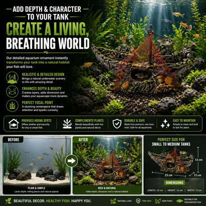 Aquarium Shipwreck Decoration with Net & Cave Design