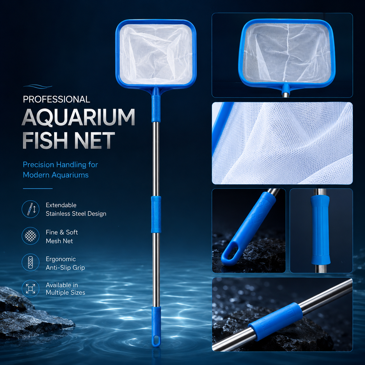 AquaCare Fine Mesh Aquarium Fish Net, Telescopic Stainless Steel Handle, Soft Fish Catching & Tank Maintenance Net, 100cm