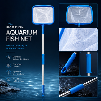AquaCare Fine Mesh Aquarium Fish Net, Telescopic Stainless Steel Handle, Soft Fish Catching & Tank Maintenance Net, 100cm