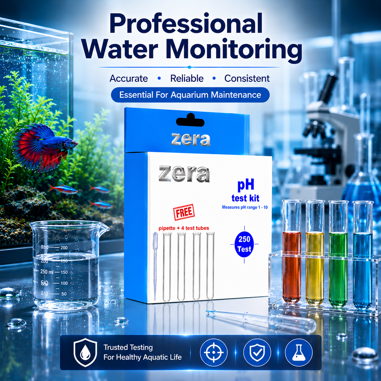 ZERA PH TEST KIT FOR AQUARIUM WATER TESTING – PROFESSIONAL PH MONITORING KIT | 250 TESTS | FAST & ACCURATE RESULTS | MEASURES PH RANGE 1–10