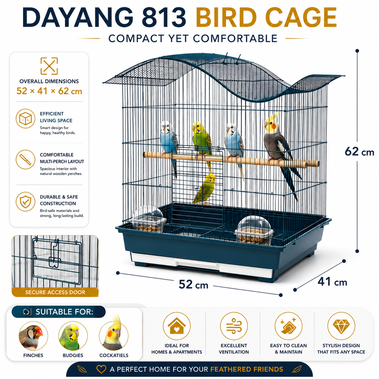 DAYANG 813 PREMIUM BIRD CAGE FOR FINCHES, BUDGIES & COCKATIELS – 52 × 41 × 62 CM