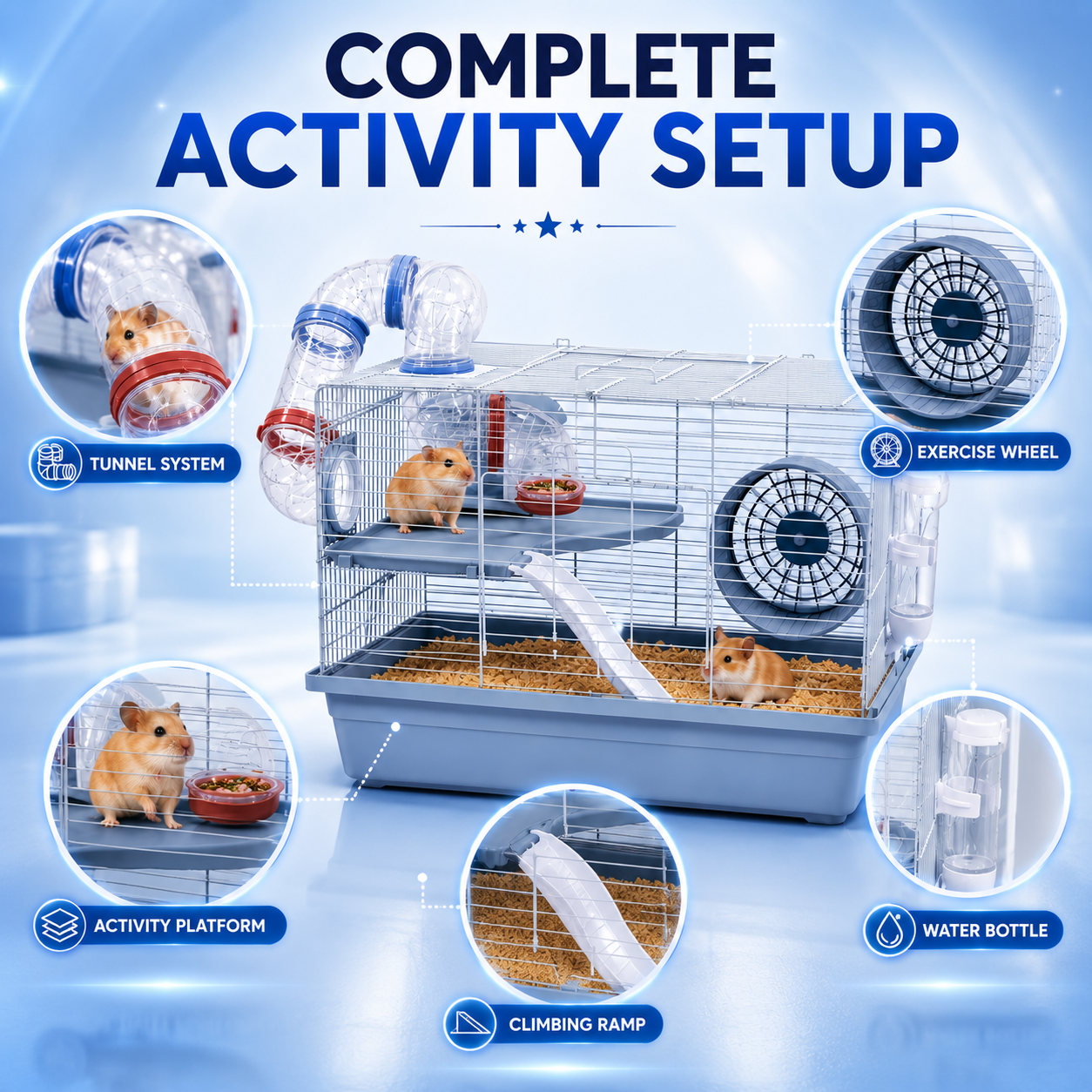 Dear pet DayangHamster Cage with Tunnel System, Exercise Wheel, Ramp & Platform 48x32x30.6 cm