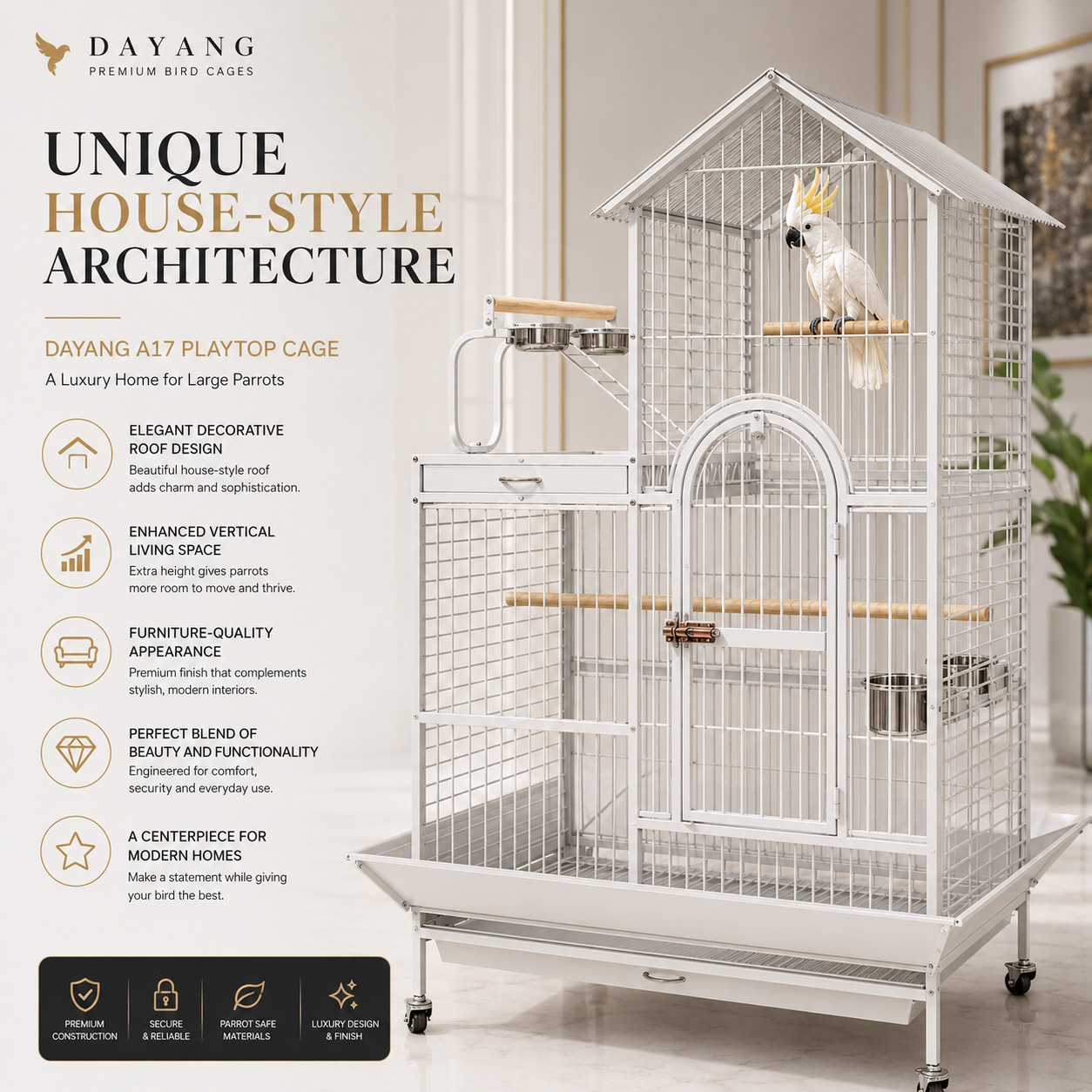 DAYANG A17 GRAND PARROT RESIDENCE WITH DECORATIVE ROOF DESIGN – 114 × 91 × 160 CM