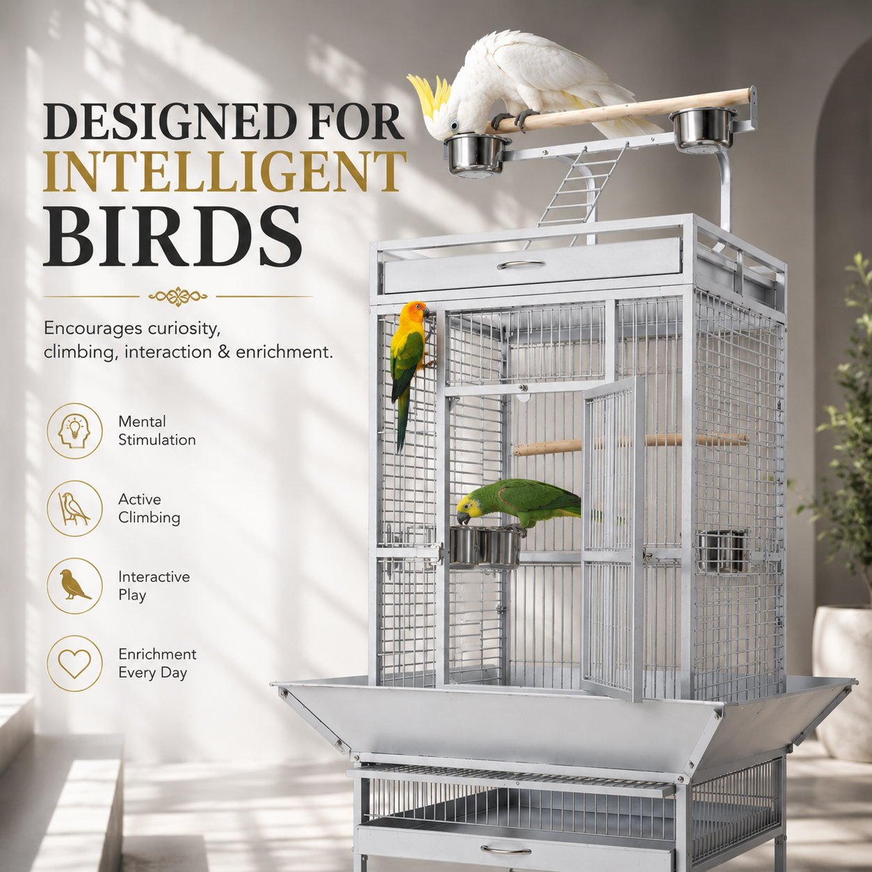 DAYANG A11 LUXURY PARROT RESIDENCE WITH ELEVATED PLAYTOP & FEEDING STATION – 82 × 77.4 × 164 CM