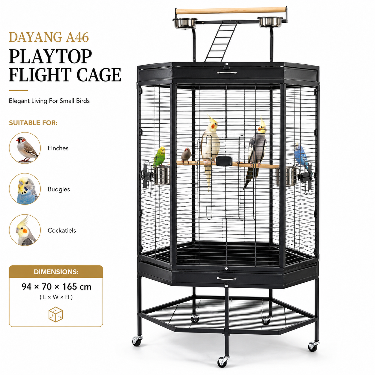 DAYANG A46 PREMIUM PLAYTOP FLIGHT CAGE FOR FINCHES, BUDGIES & COCKATIELS – 94 × 70 × 165 CM