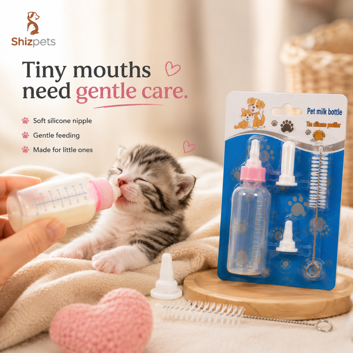 Pet Milk Feeding Bottle Kit – Silicone Nipples & Cleaning Brush