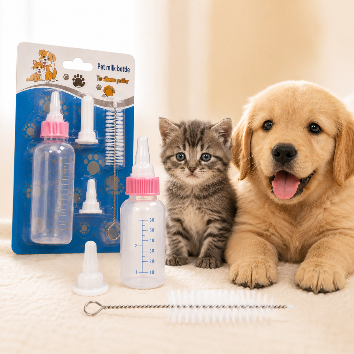 Pet Milk Feeding Bottle Kit – Silicone Nipples & Cleaning Brush