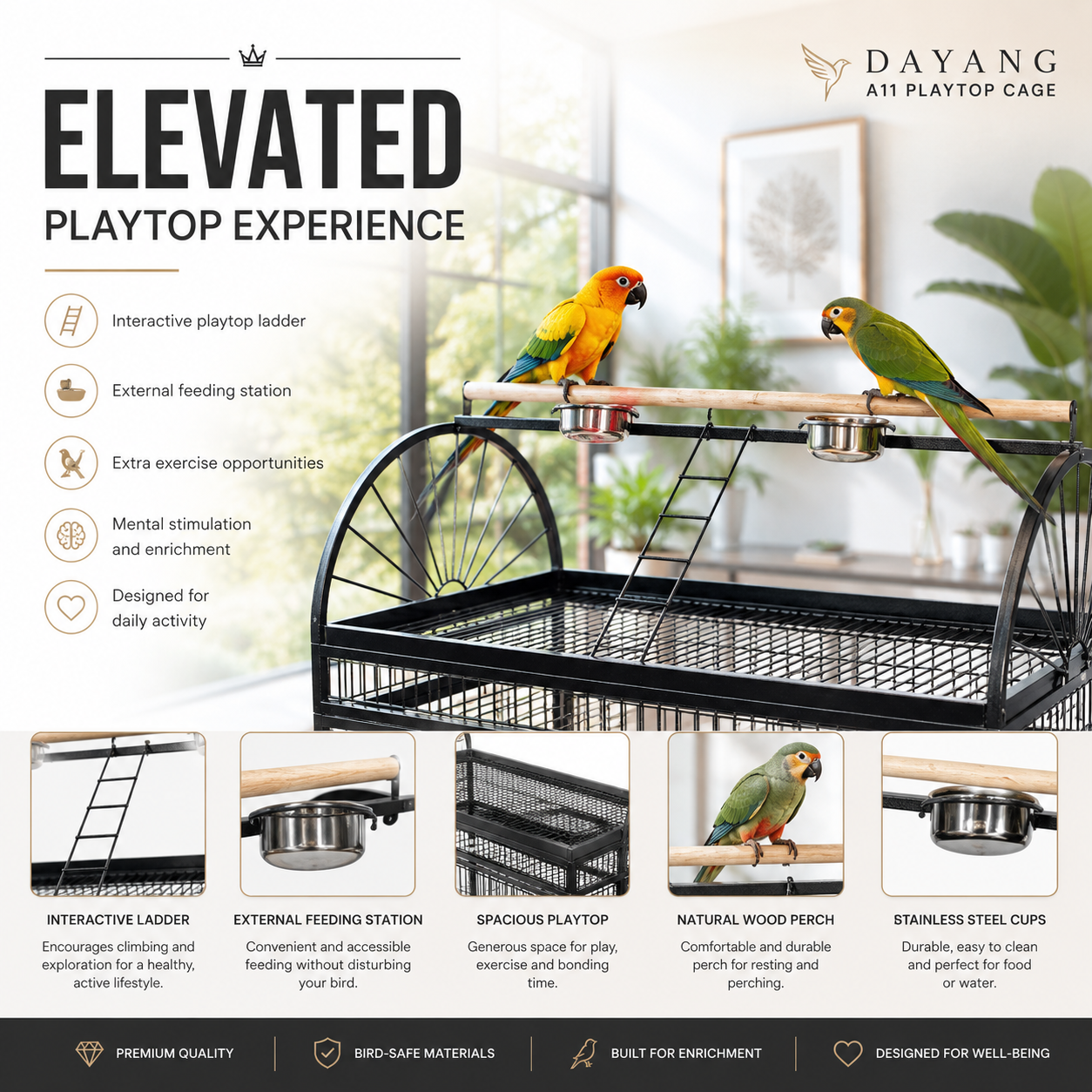 DAYANG A11 PREMIUM PLAYTOP PARROT HABITAT WITH EXTERNAL FEEDING STATION & MOBILE STAND – 82 × 77.4 × 164 CM