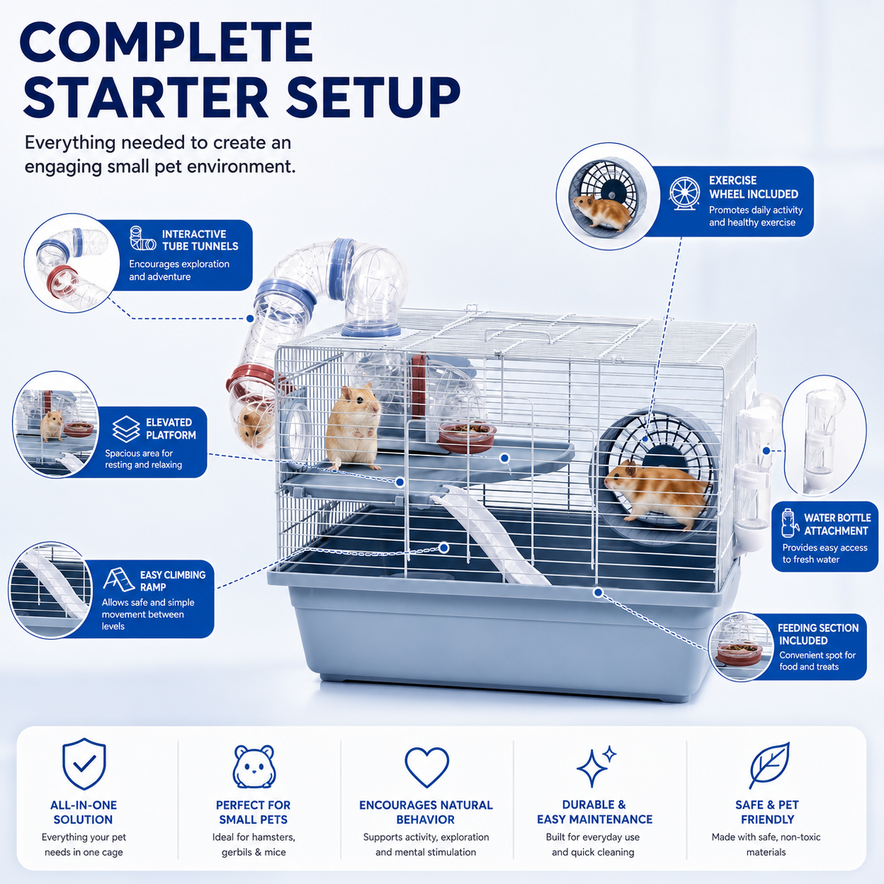 Dear pet DayangHamster Cage with Tunnel System, Exercise Wheel, Ramp & Platform 48x32x30.6 cm
