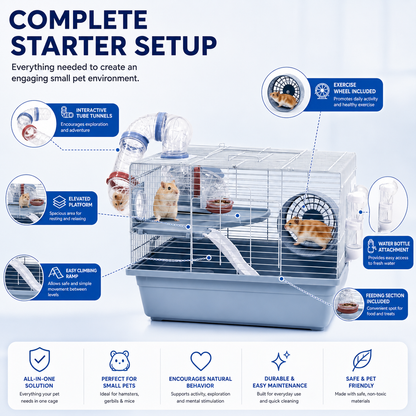 Dear pet DayangHamster Cage with Tunnel System, Exercise Wheel, Ramp & Platform 48x32x30.6 cm