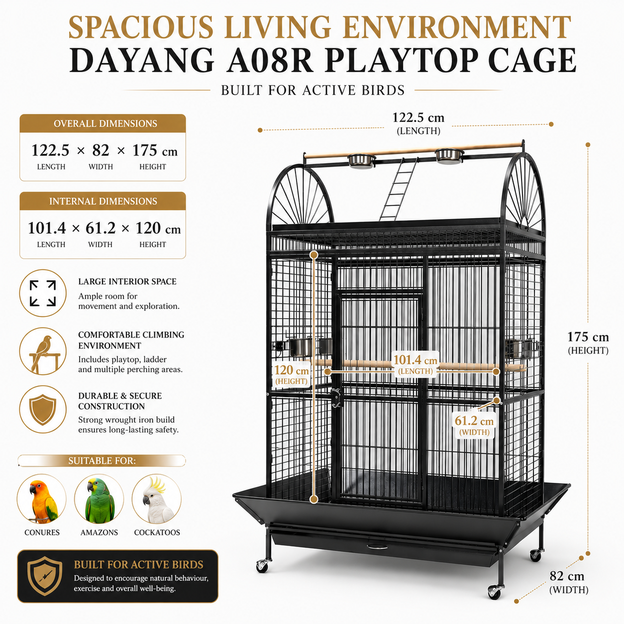 DAYANG A08R PREMIUM PLAYTOP PARROT CAGE FOR CONURES, AMAZONS & COCKATOOS – 122.5 × 82 × 175 CM