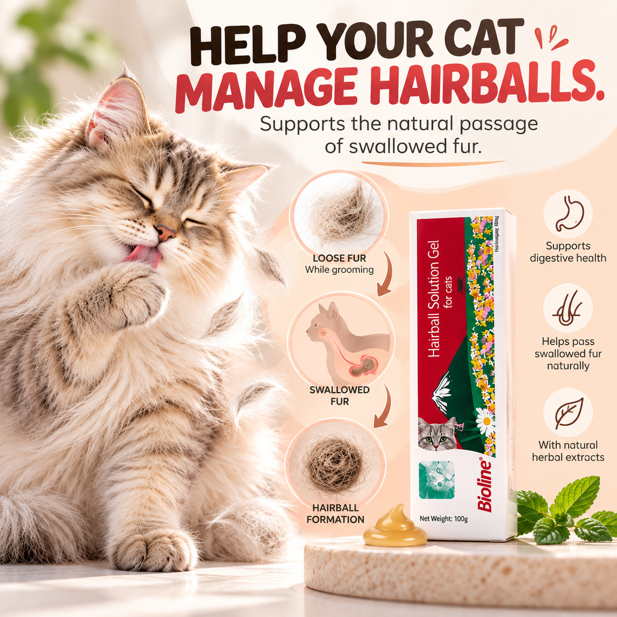 Hairball Rescue Combo for Cats – Hairball Solution Gel, Deshedding Shampoo & Self-Cleaning Grooming Comb
