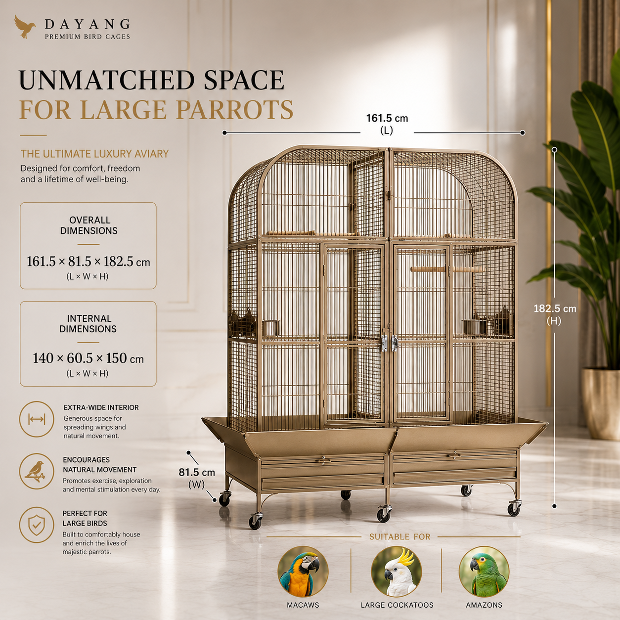 DAYANG A52 GRAND LUXURY AVIARY FOR MACAWS, COCKATOOS & AMAZON PARROTS – 161.5 × 81.5 × 182.5 CM