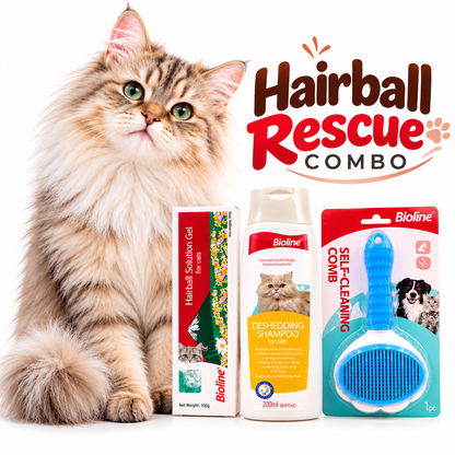 Hairball Rescue Combo for Cats – Hairball Solution Gel, Deshedding Shampoo & Self-Cleaning Grooming Comb