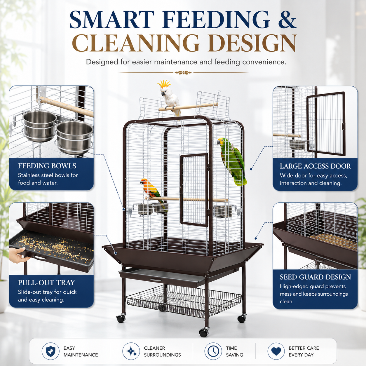 DAYANG A16 LUXURY COMPANION BIRD RESIDENCE WITH ACTIVITY TOP & MOBILE STAND – 80.6 × 80.6 × 152 CM