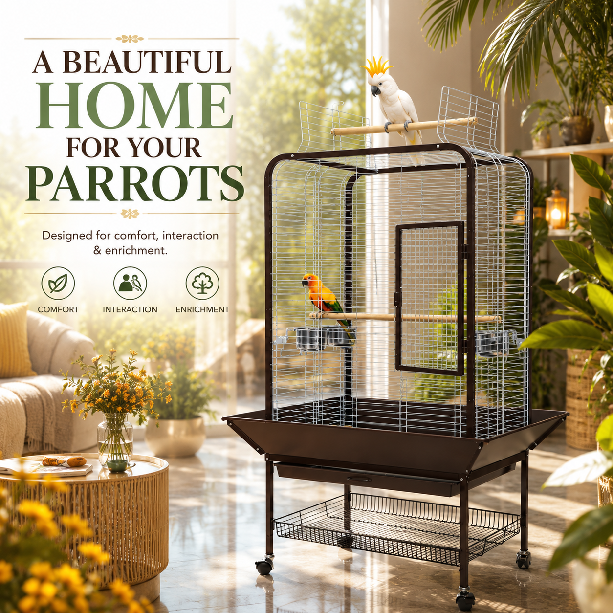 DAYANG A16 LUXURY COMPANION BIRD RESIDENCE WITH ACTIVITY TOP & MOBILE STAND – 80.6 × 80.6 × 152 CM