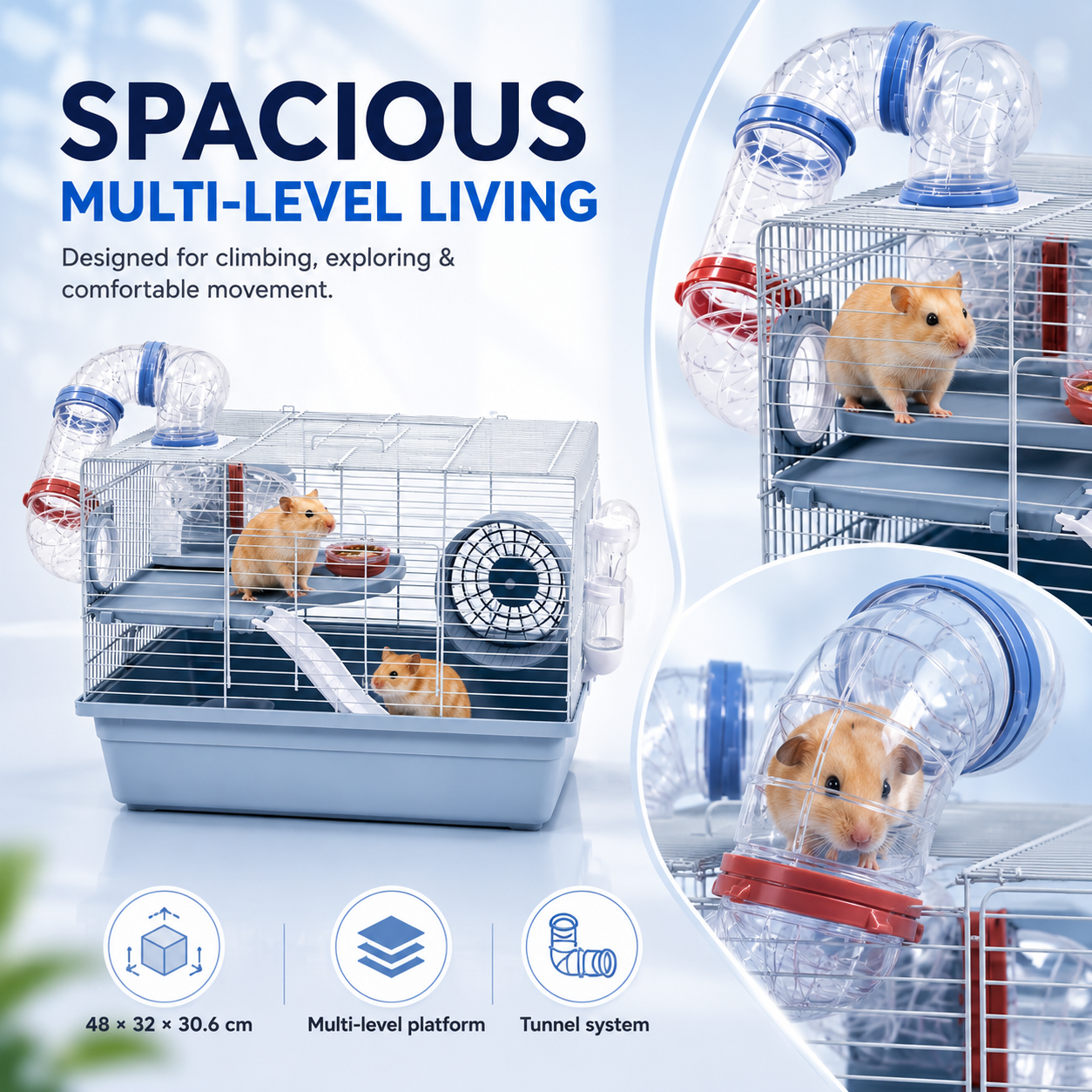 Dear pet DayangHamster Cage with Tunnel System, Exercise Wheel, Ramp & Platform 48x32x30.6 cm