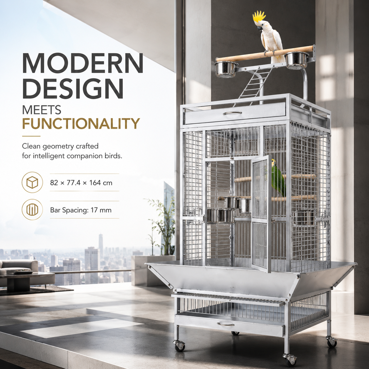 DAYANG A11 LUXURY PARROT RESIDENCE WITH ELEVATED PLAYTOP & FEEDING STATION – 82 × 77.4 × 164 CM