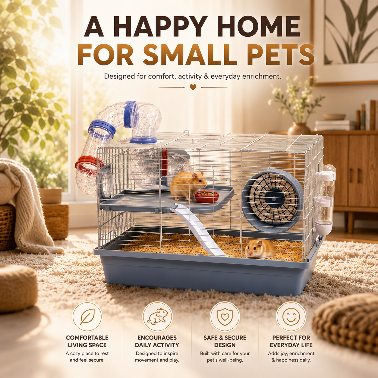Dear pet DayangHamster Cage with Tunnel System, Exercise Wheel, Ramp & Platform 48x32x30.6 cm