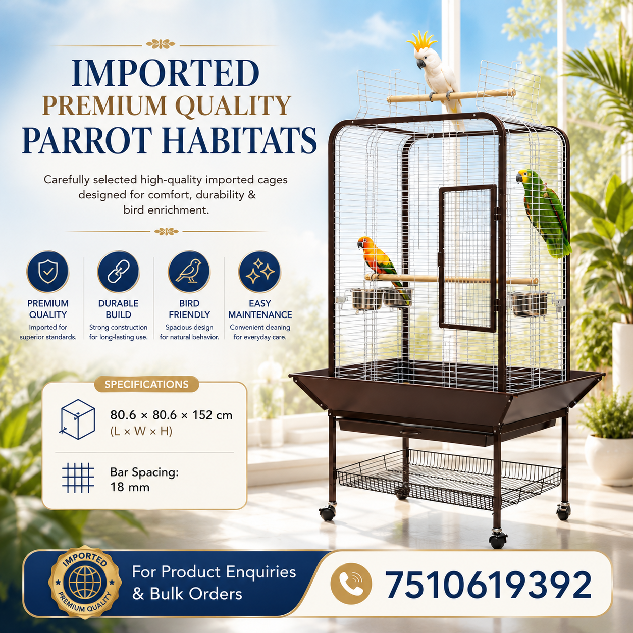 DAYANG A16 LUXURY COMPANION BIRD RESIDENCE WITH ACTIVITY TOP & MOBILE STAND – 80.6 × 80.6 × 152 CM