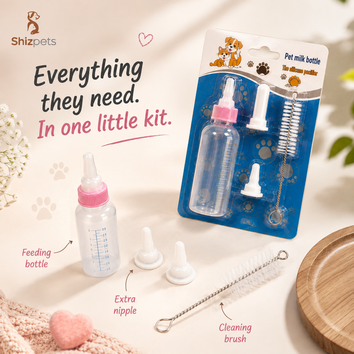 Pet Milk Feeding Bottle Kit – Silicone Nipples & Cleaning Brush