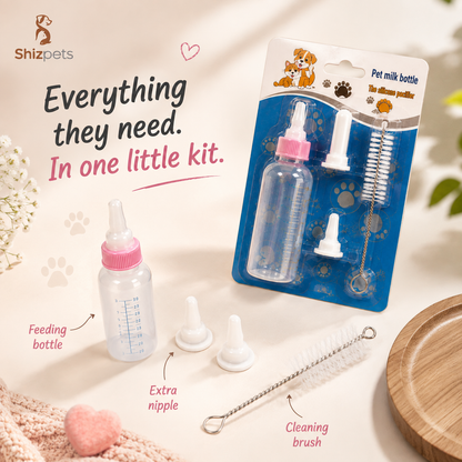 Pet Milk Feeding Bottle Kit – Silicone Nipples & Cleaning Brush