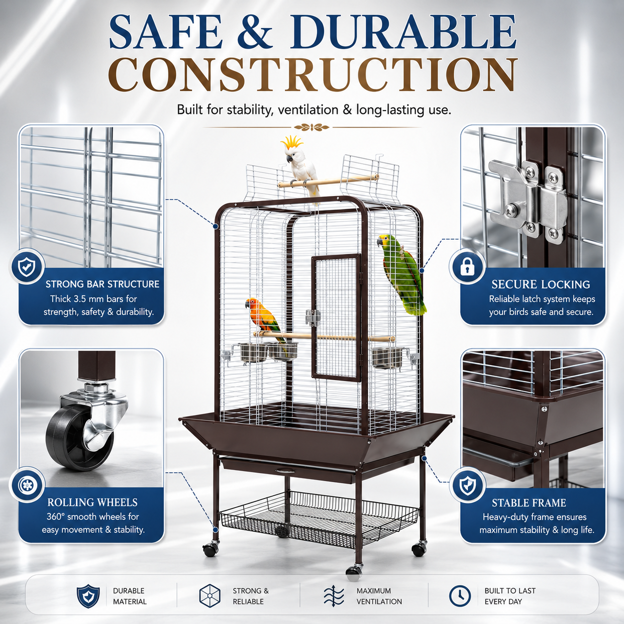 DAYANG A16 LUXURY COMPANION BIRD RESIDENCE WITH ACTIVITY TOP & MOBILE STAND – 80.6 × 80.6 × 152 CM
