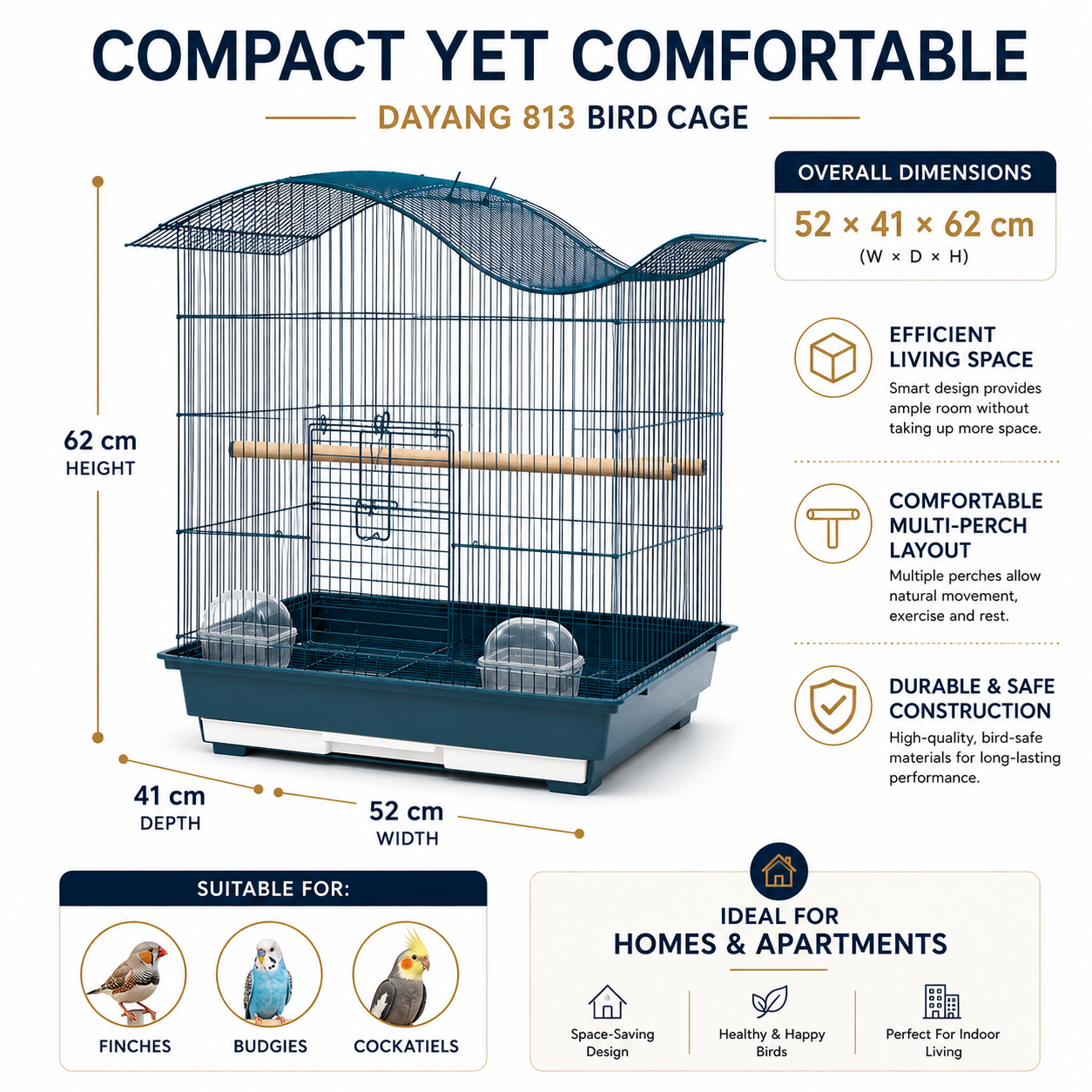DAYANG 813 PREMIUM BIRD CAGE FOR FINCHES, BUDGIES & COCKATIELS – 52 × 41 × 62 CM