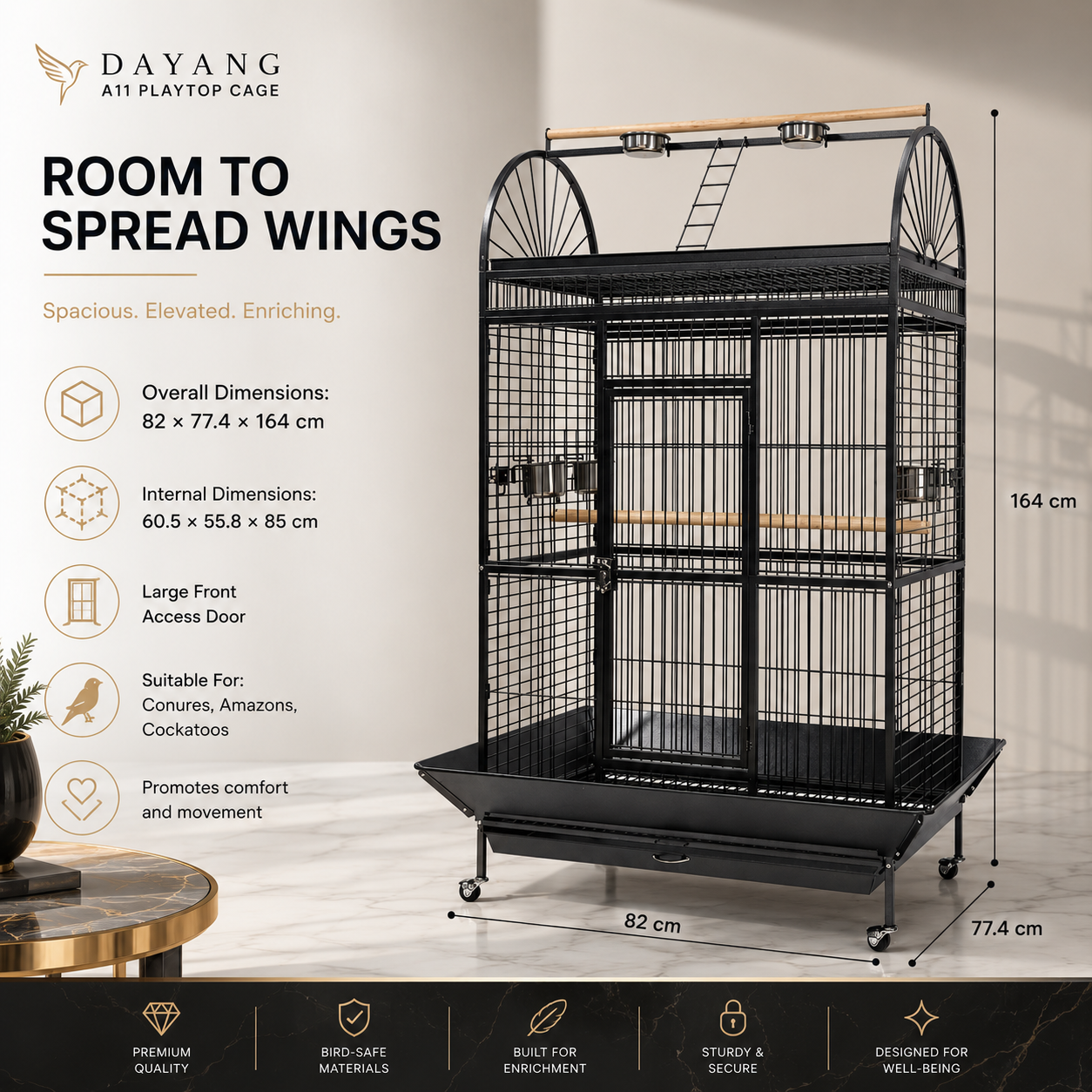 DAYANG A11 PREMIUM PLAYTOP PARROT HABITAT WITH EXTERNAL FEEDING STATION & MOBILE STAND – 82 × 77.4 × 164 CM