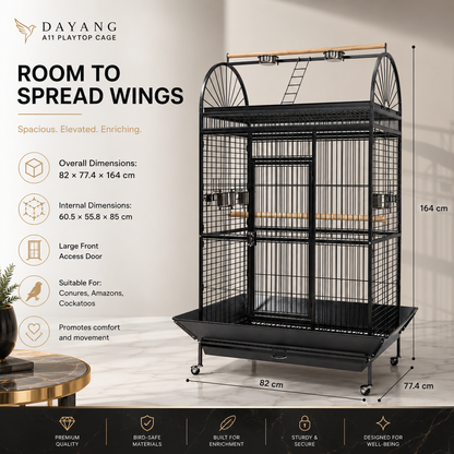 DAYANG A11 PREMIUM PLAYTOP PARROT HABITAT WITH EXTERNAL FEEDING STATION & MOBILE STAND – 82 × 77.4 × 164 CM
