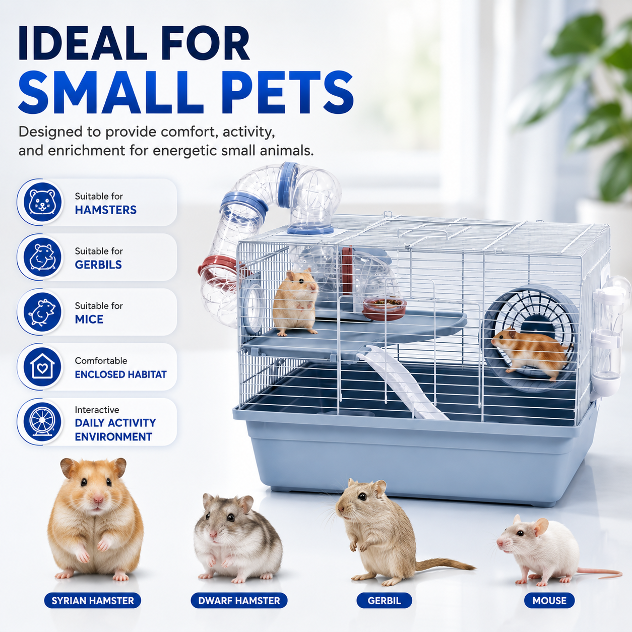 Dear pet DayangHamster Cage with Tunnel System, Exercise Wheel, Ramp & Platform 48x32x30.6 cm