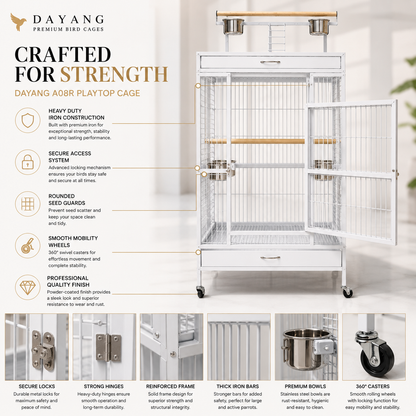 DAYANG A08R LUXURY AVIARY-STYLE PARROT RESIDENCE WITH PLAYTOP & MOBILE STAND – 122.5 × 82 × 175 CM
