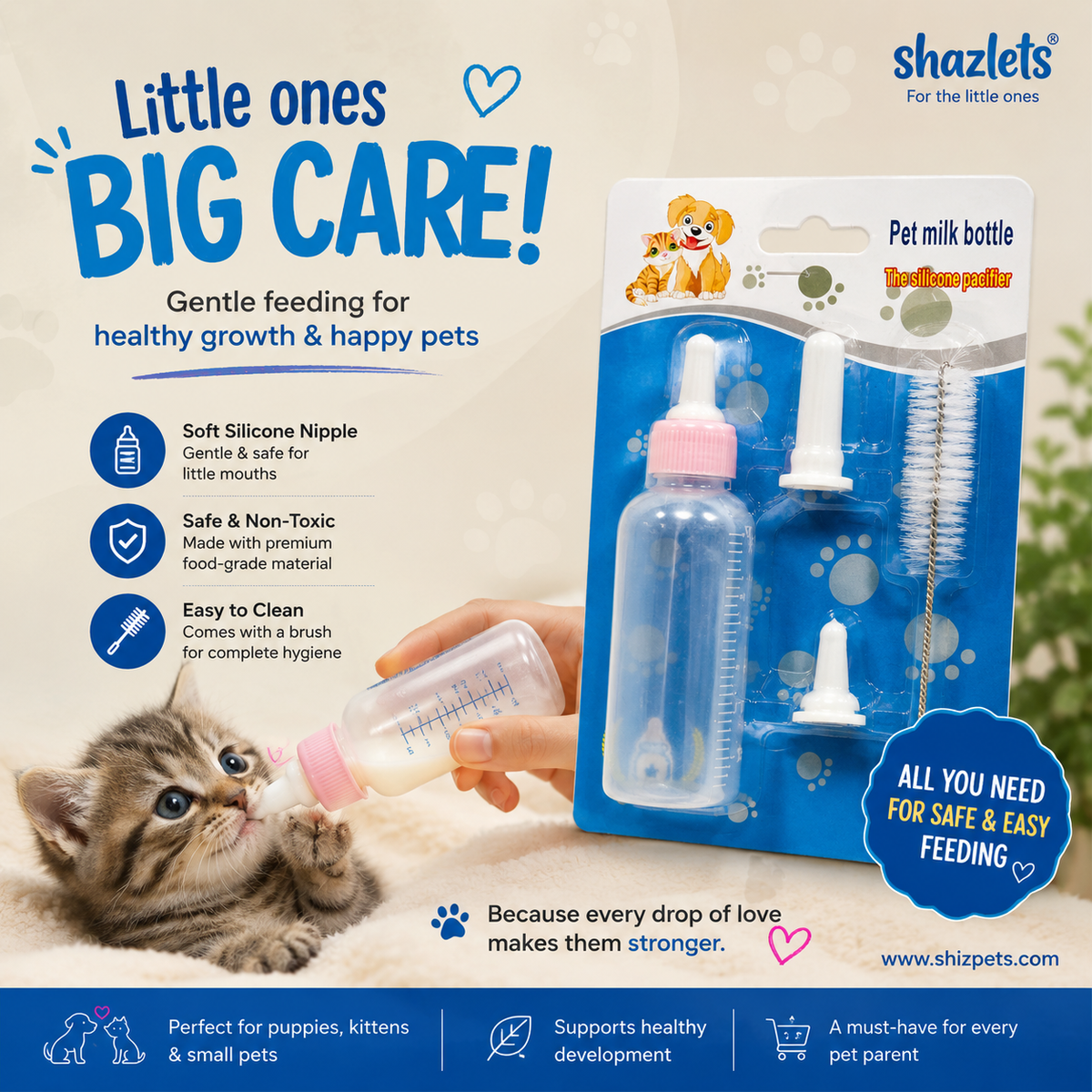 Pet Milk Feeding Bottle Kit – Silicone Nipples & Cleaning Brush