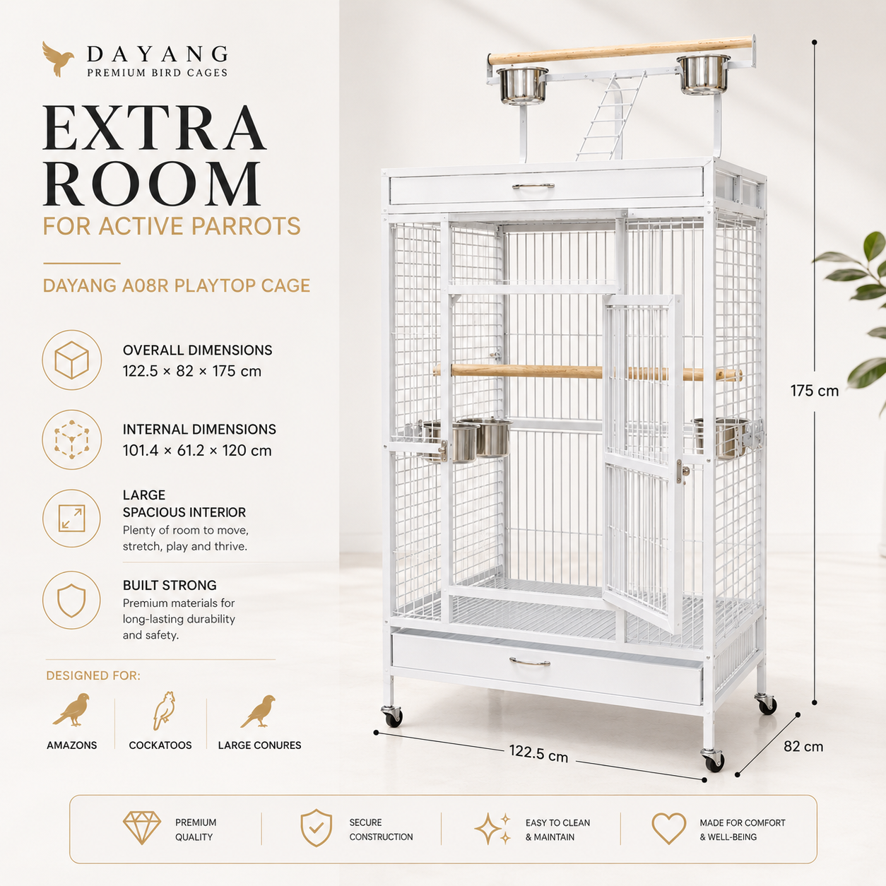 DAYANG A08R LUXURY AVIARY-STYLE PARROT RESIDENCE WITH PLAYTOP & MOBILE STAND – 122.5 × 82 × 175 CM
