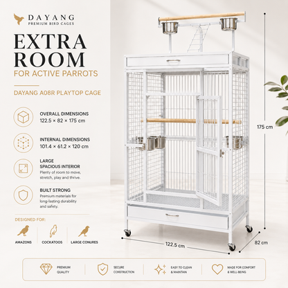 DAYANG A08R LUXURY AVIARY-STYLE PARROT RESIDENCE WITH PLAYTOP & MOBILE STAND – 122.5 × 82 × 175 CM
