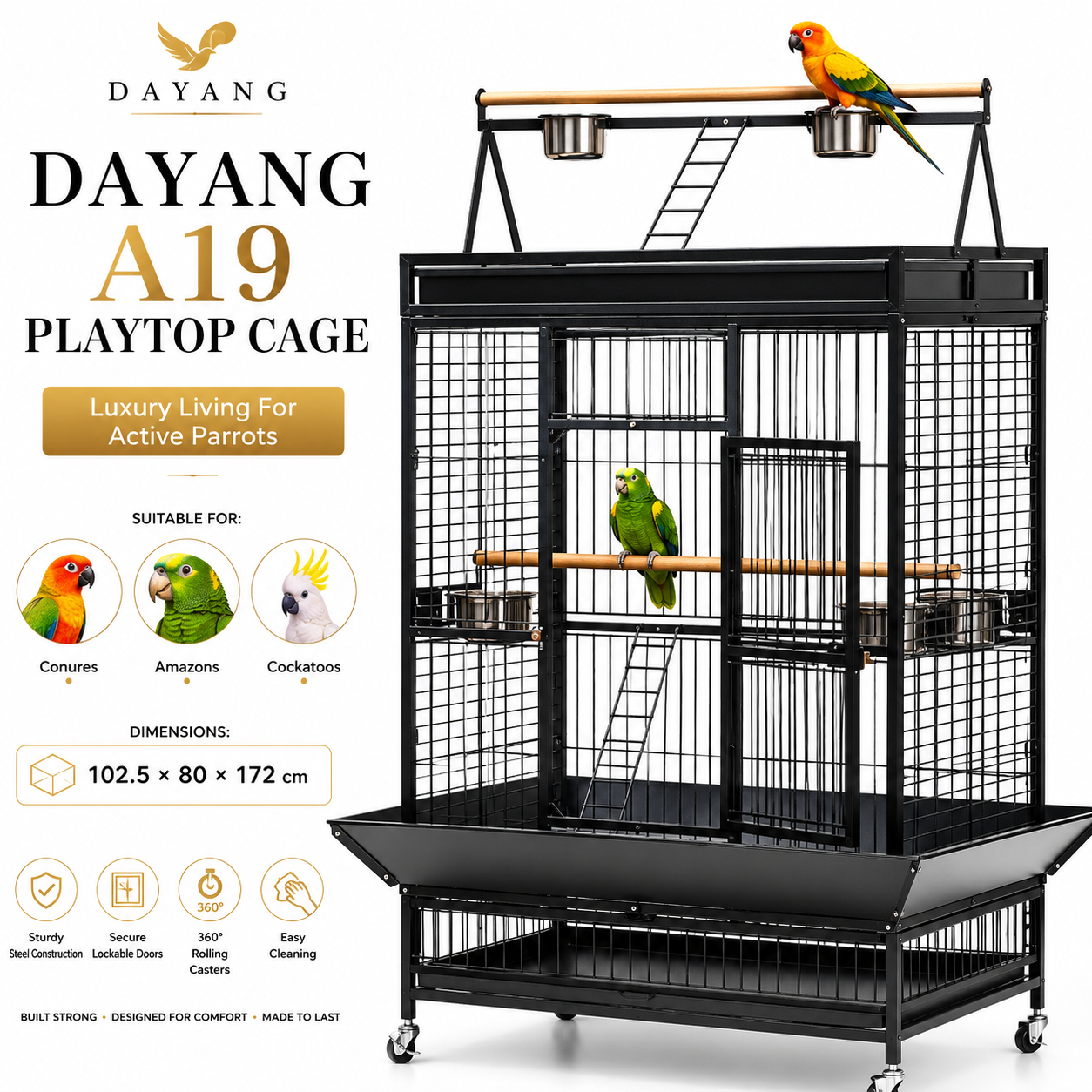 DAYANG A19 PREMIUM PLAYTOP PARROT CAGE FOR CONURES, AMAZONS & COCKATOOS – 102.5 × 80 × 172 CM