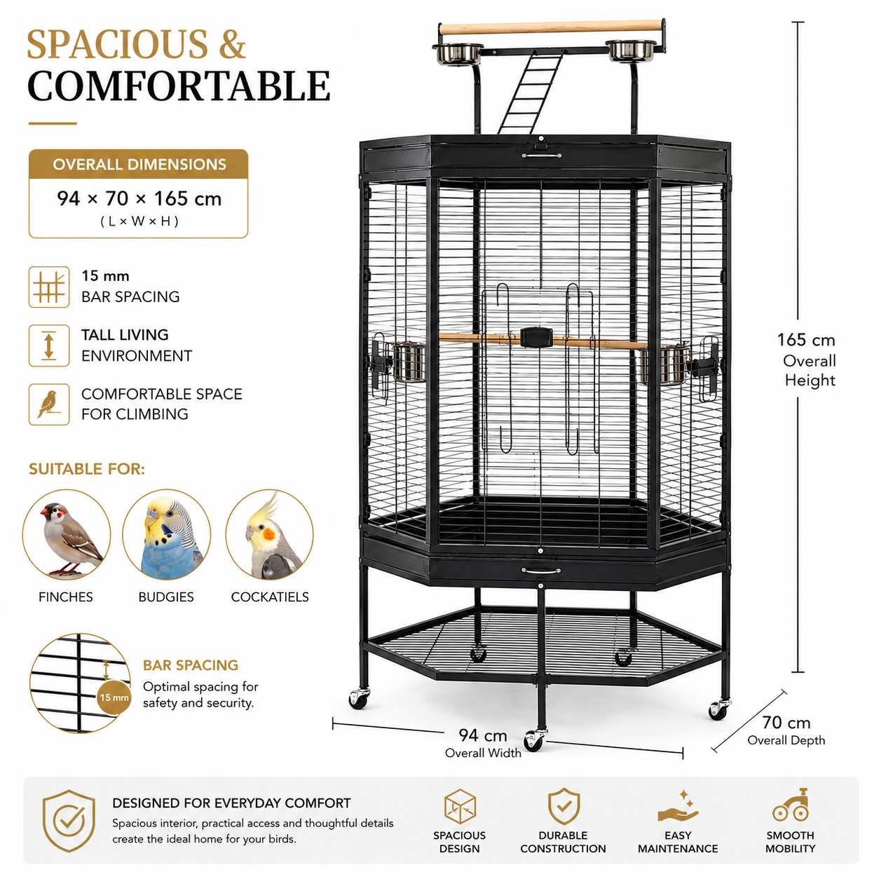 DAYANG A46 PREMIUM PLAYTOP FLIGHT CAGE FOR FINCHES, BUDGIES & COCKATIELS – 94 × 70 × 165 CM
