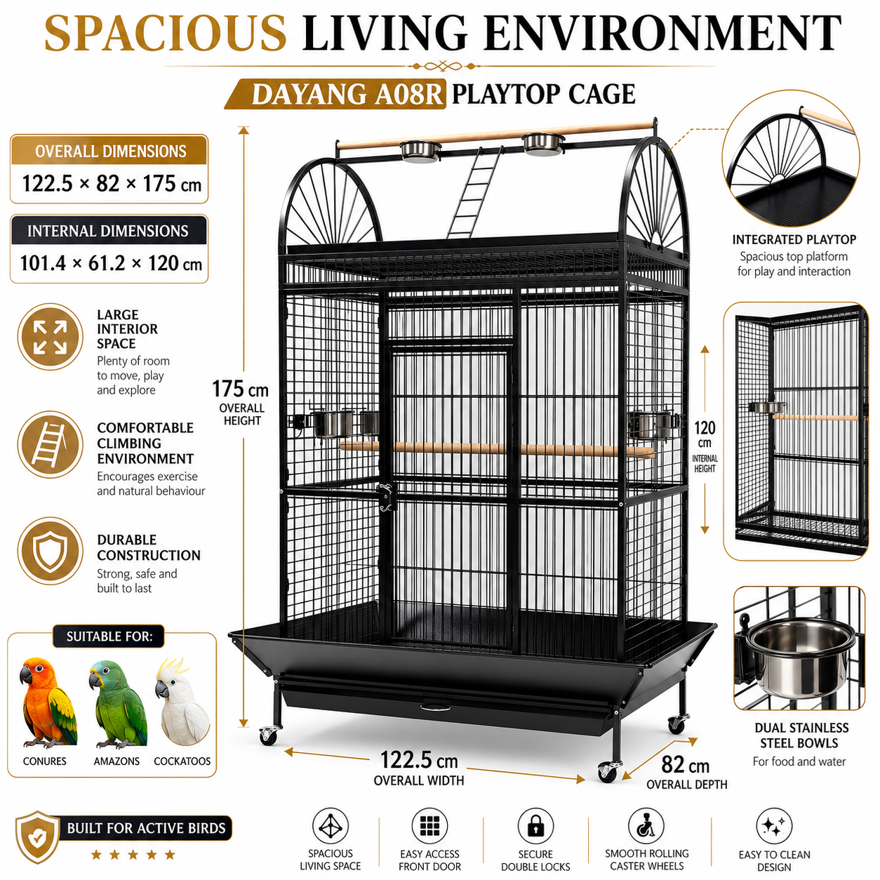 DAYANG A08R PREMIUM PLAYTOP PARROT CAGE FOR CONURES, AMAZONS & COCKATOOS – 122.5 × 82 × 175 CM