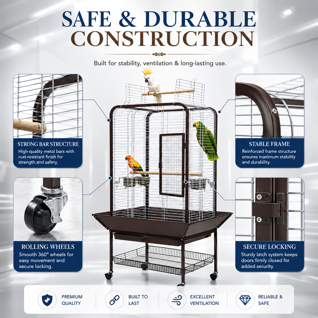 DAYANG A16 LUXURY COMPANION BIRD RESIDENCE WITH ACTIVITY TOP & MOBILE STAND – 80.6 × 80.6 × 152 CM