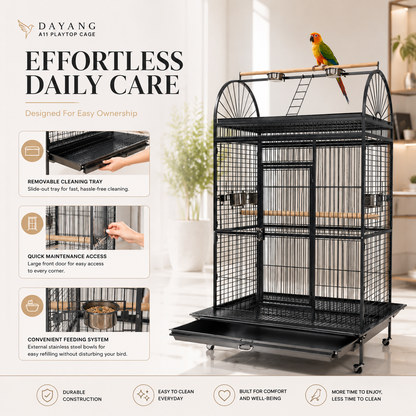 DAYANG A11 PREMIUM PLAYTOP PARROT HABITAT WITH EXTERNAL FEEDING STATION & MOBILE STAND – 82 × 77.4 × 164 CM