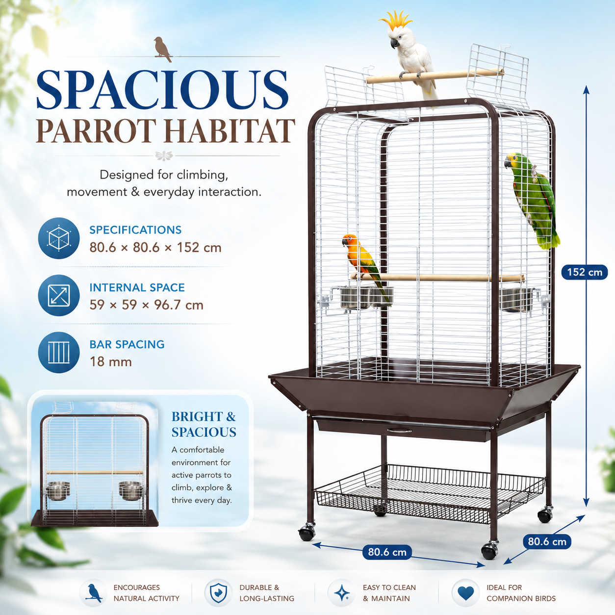 DAYANG A16 LUXURY COMPANION BIRD RESIDENCE WITH ACTIVITY TOP & MOBILE STAND – 80.6 × 80.6 × 152 CM