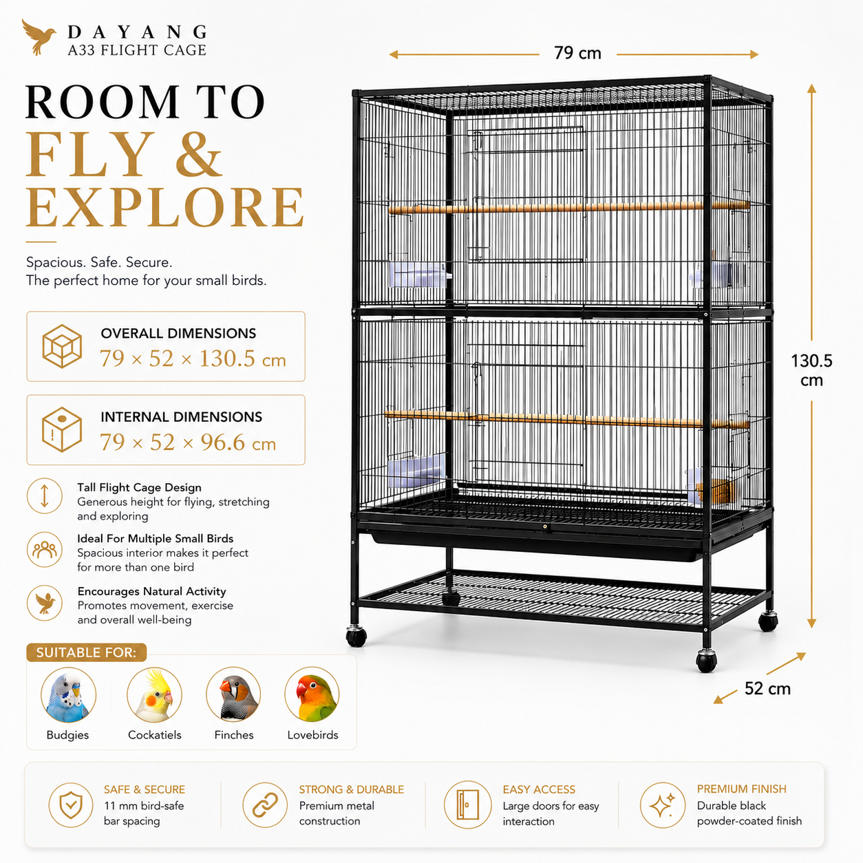DAYANG A33 PREMIUM FLIGHT CAGE FOR FINCHES, BUDGIES & COCKATIELS – 79 × 52 × 130.5 CM
