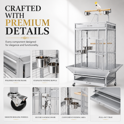 DAYANG A11 LUXURY PARROT RESIDENCE WITH ELEVATED PLAYTOP & FEEDING STATION – 82 × 77.4 × 164 CM