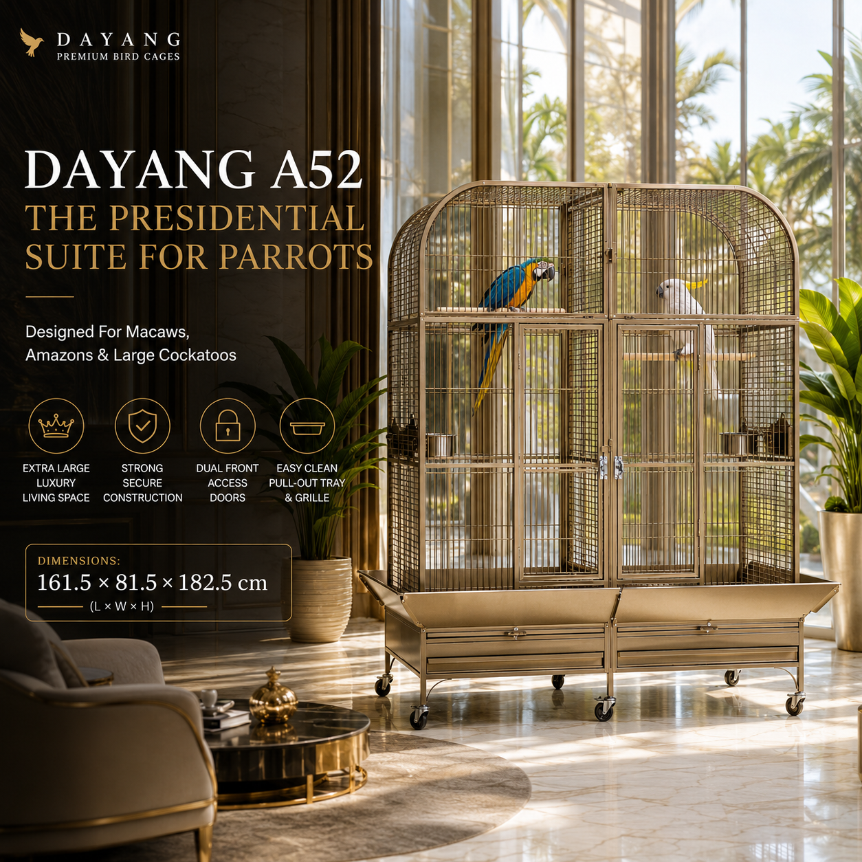 DAYANG A52 GRAND LUXURY AVIARY FOR MACAWS, COCKATOOS & AMAZON PARROTS – 161.5 × 81.5 × 182.5 CM