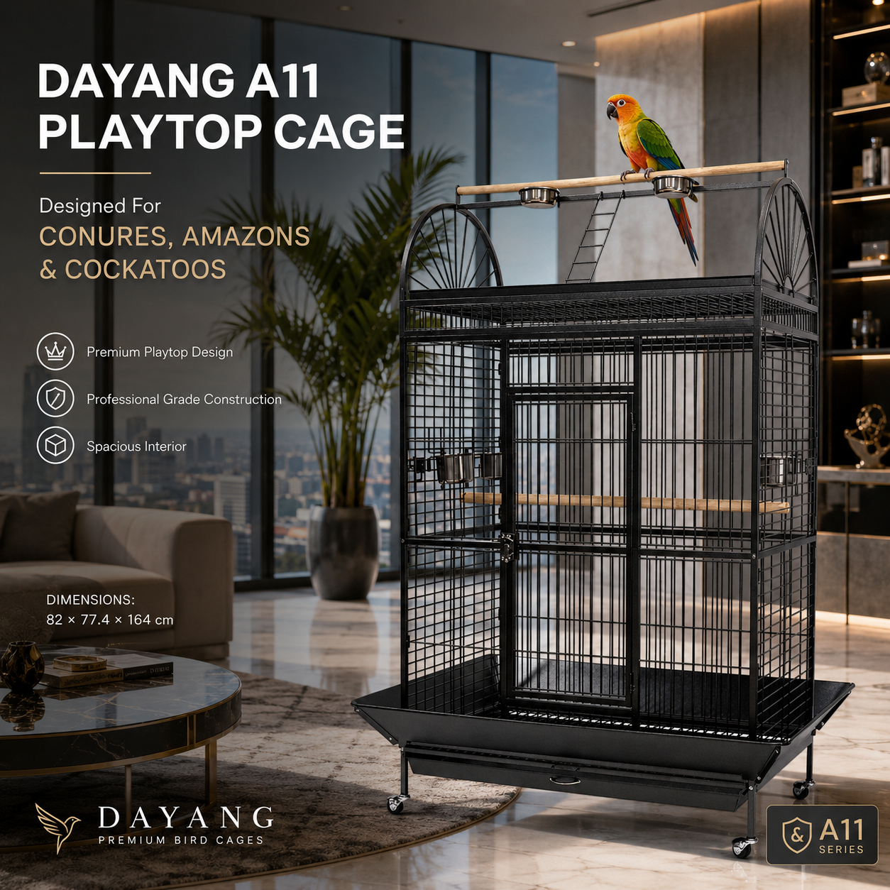 DAYANG A11 PREMIUM PLAYTOP PARROT HABITAT WITH EXTERNAL FEEDING STATION & MOBILE STAND – 82 × 77.4 × 164 CM