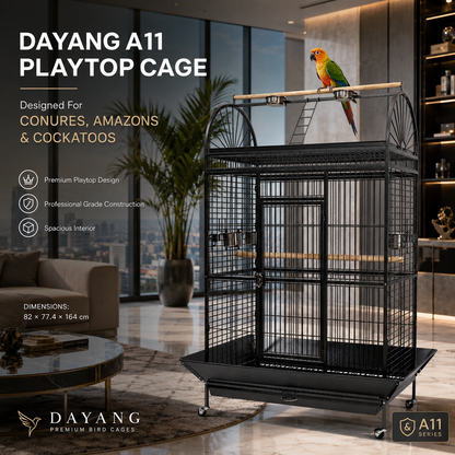 DAYANG A11 PREMIUM PLAYTOP PARROT HABITAT WITH EXTERNAL FEEDING STATION & MOBILE STAND – 82 × 77.4 × 164 CM
